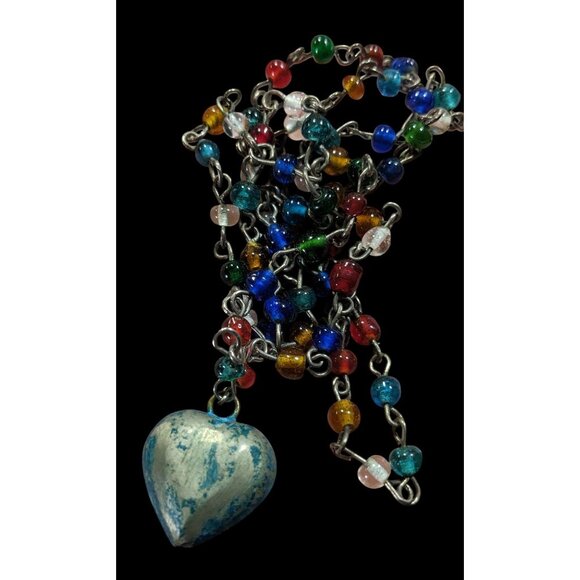 Rustic Romantic Rainbow Glass Beaded Necklace With Distressed Puffed Heart Penda - Picture 5 of 5